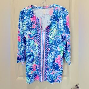 NWT Lilly Pulitzer size large blue and pink 3/4 length UPF 50+ women’s shirt
